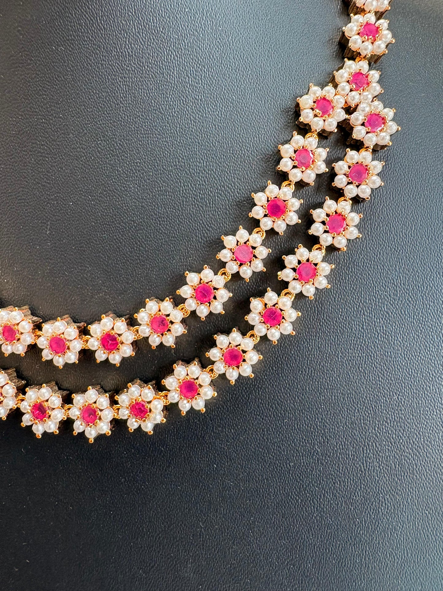 Floral AD Necklace Set with Pink Stones and Earrings