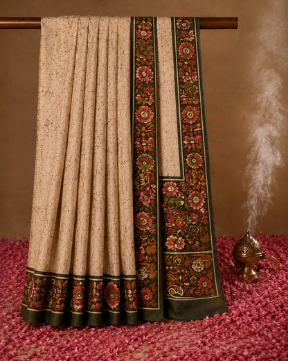 Beige Ghicha Batik Saree with Multicolor Floral Border and Dark Contrast Pallu