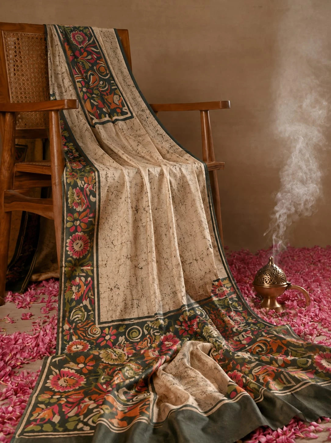 Beige Ghicha Batik Saree with Multicolor Floral Border and Dark Contrast Pallu