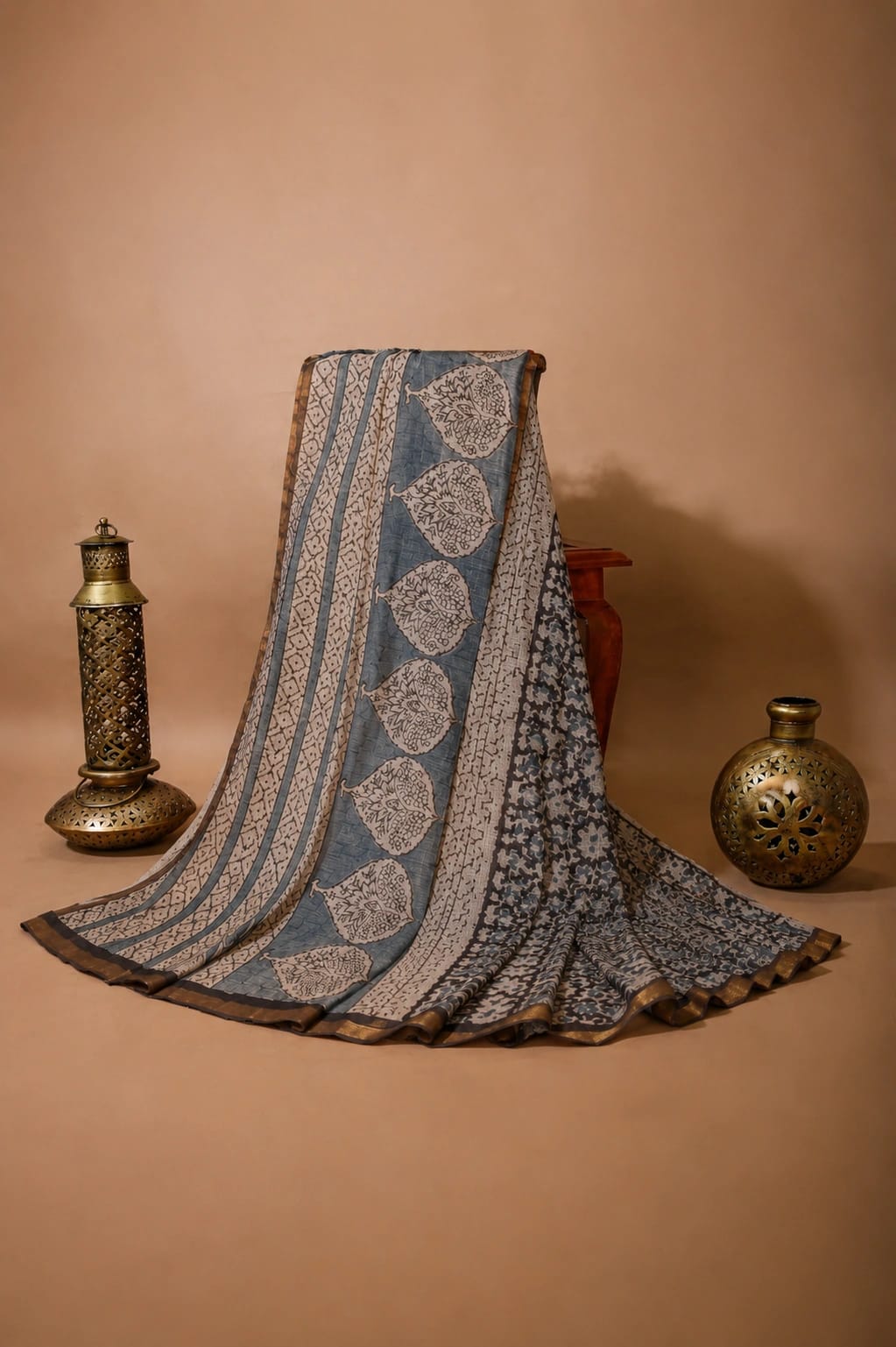 Charcoal Grey Kota Doria Hand Block Print Saree with Floral Buta Pallu & Artistic Border