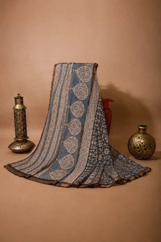 Charcoal Grey Kota Doria Hand Block Print Saree with Floral Buta Pallu & Artistic Border