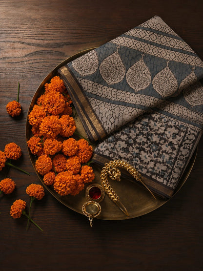 Charcoal Grey Kota Doria Hand Block Print Saree with Floral Buta Pallu & Artistic Border