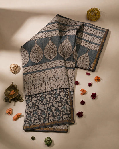 Charcoal Grey Kota Doria Hand Block Print Saree with Floral Buta Pallu & Artistic Border