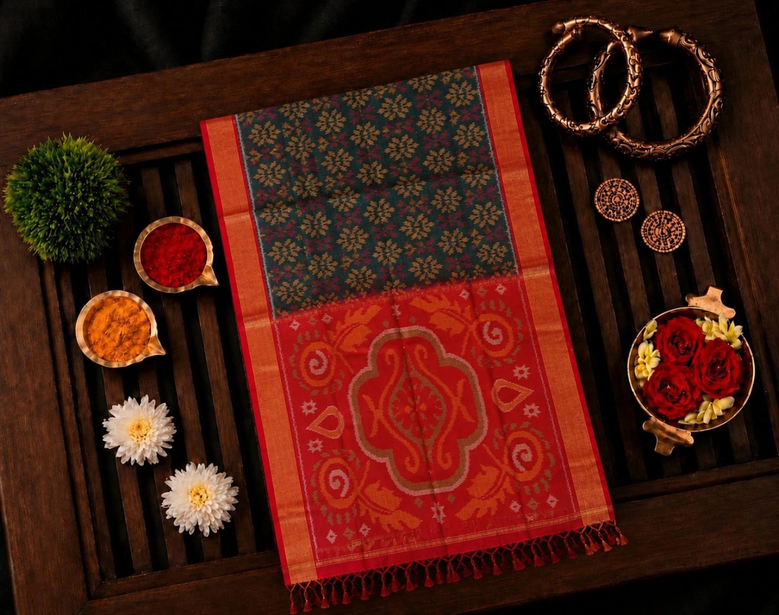 Red & Navy Blue Sico Pochampally Saree with Ikat Floral Pallu and Zari Border