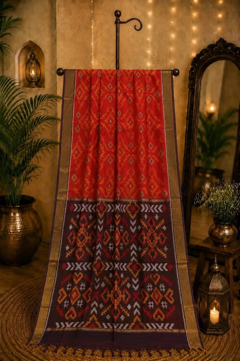 Red Sico Pochampally Ikat Saree with Purple Traditional Pallu Border