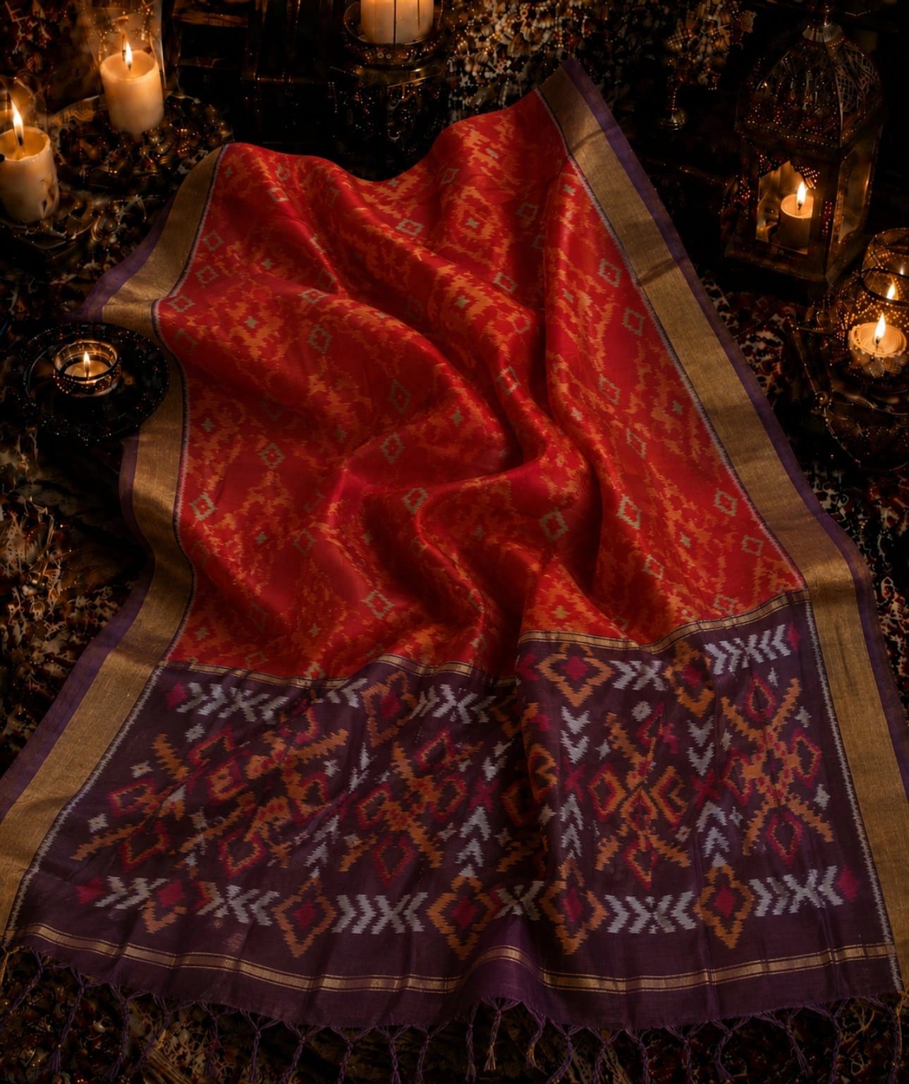 Red Sico Pochampally Ikat Saree with Purple Traditional Pallu Border