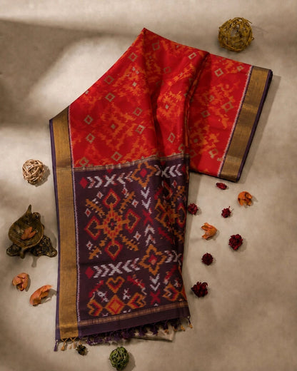 Red Sico Pochampally Ikat Saree with Purple Traditional Pallu Border