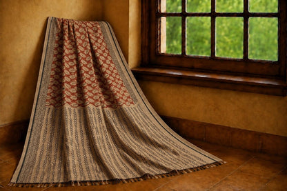 Beige Linen Kalamkari Saree with Tribal Geometric Block Print & Artistic Pallu