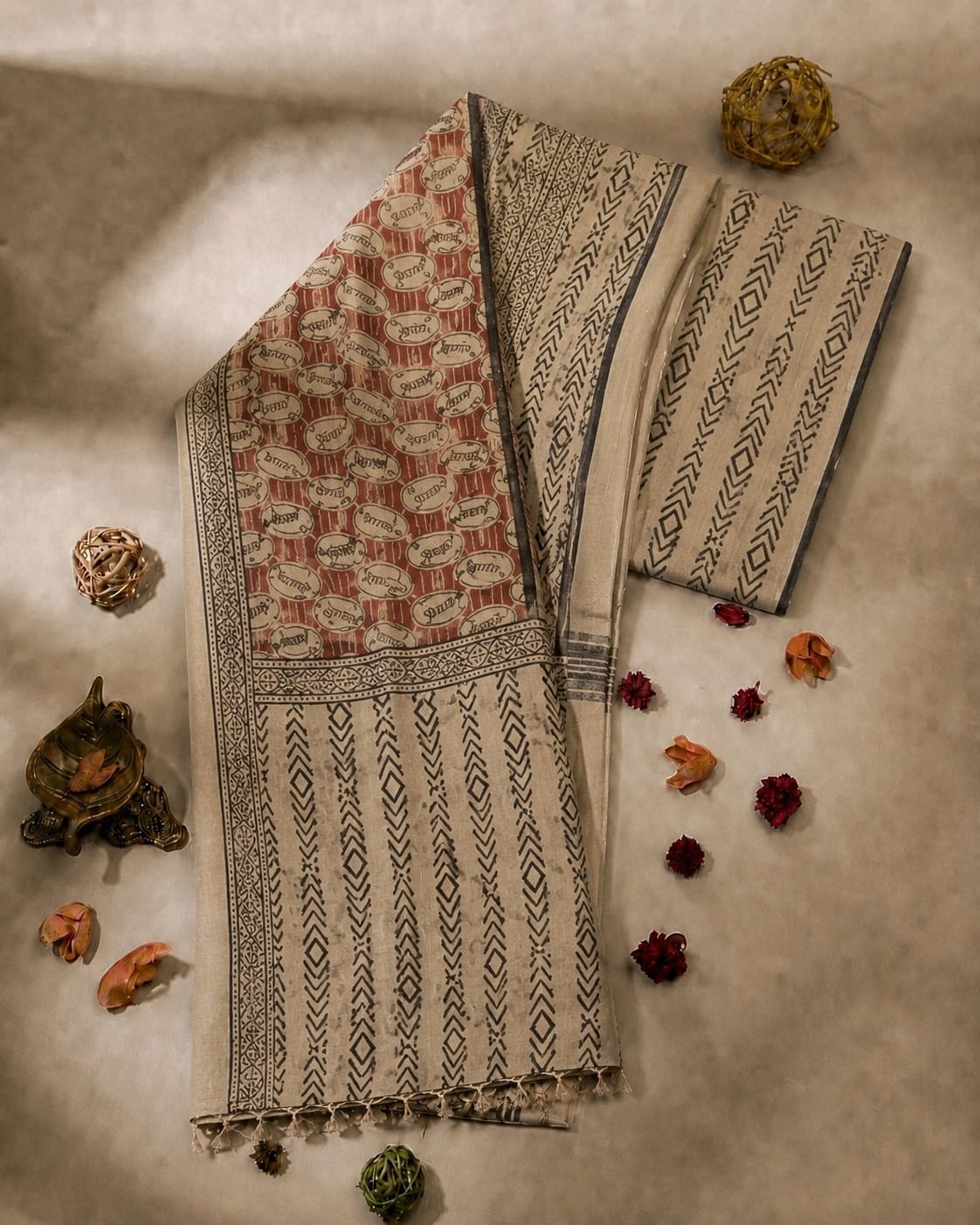 Beige Linen Kalamkari Saree with Tribal Geometric Block Print & Artistic Pallu