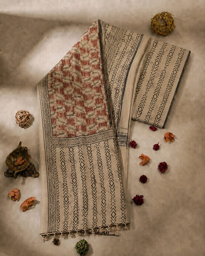 Beige Linen Kalamkari Saree with Tribal Geometric Block Print & Artistic Pallu