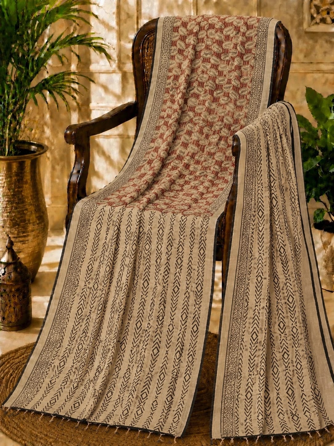 Beige Linen Kalamkari Saree with Tribal Geometric Block Print & Artistic Pallu