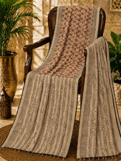 Beige Linen Kalamkari Saree with Tribal Geometric Block Print & Artistic Pallu