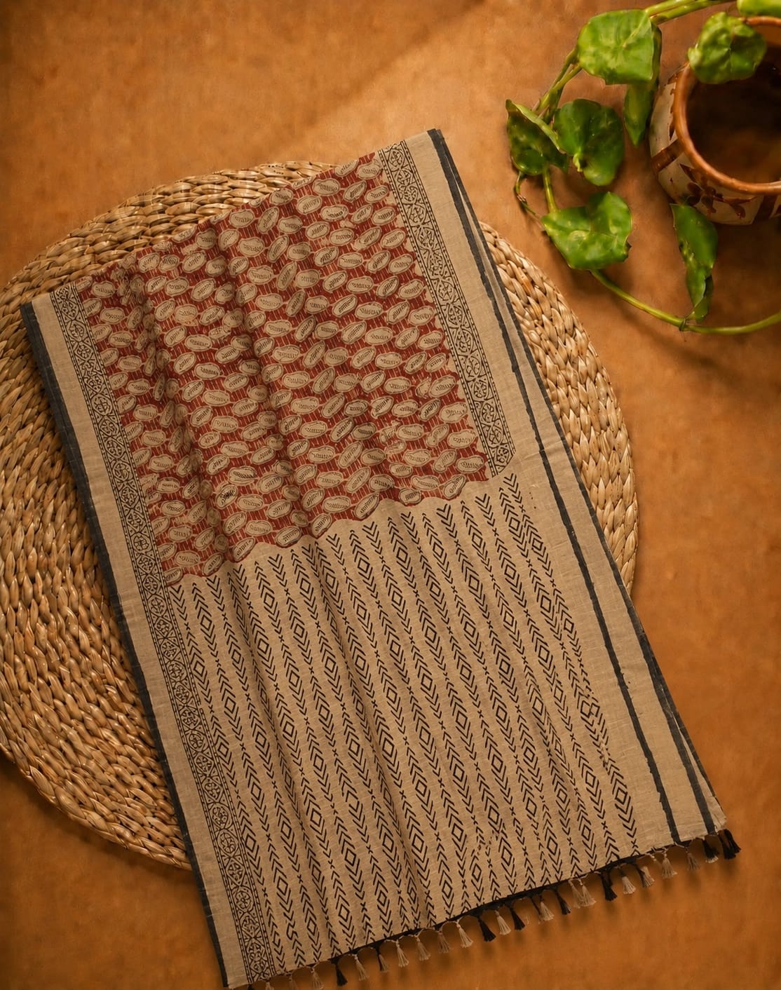 Beige Linen Kalamkari Saree with Tribal Geometric Block Print & Artistic Pallu