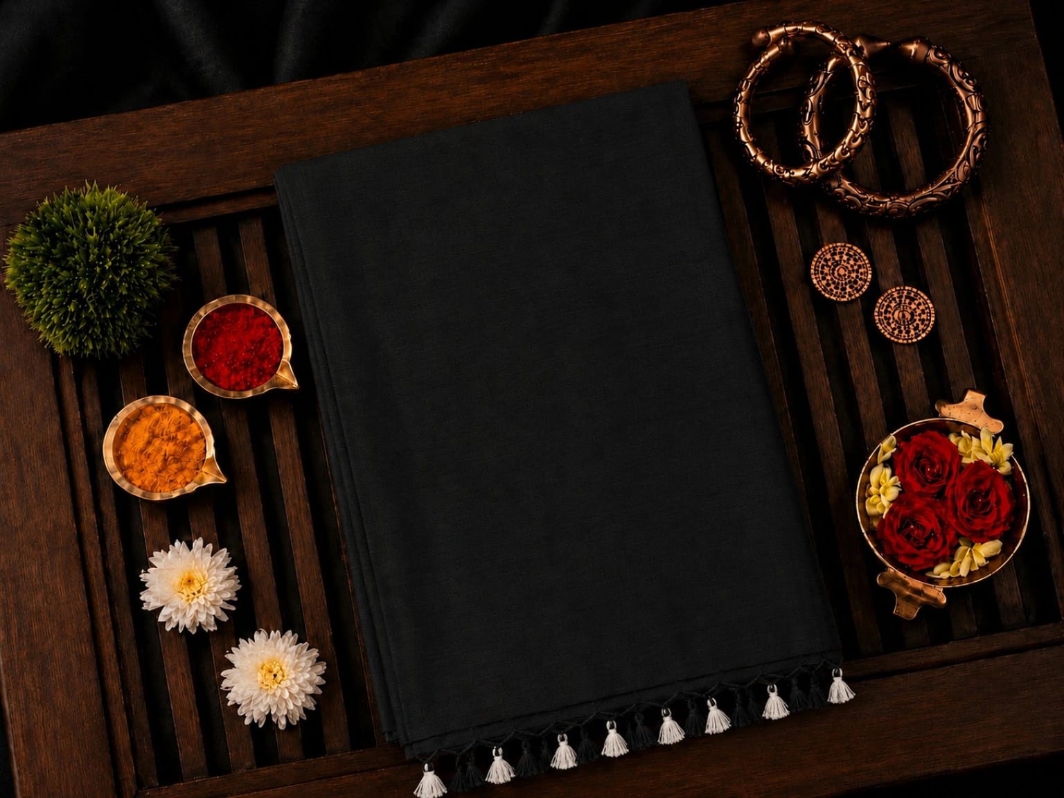 WEVOW Black Plain Khadi Saree with Tassel Border | Elegant Everyday & Office Wear Saree