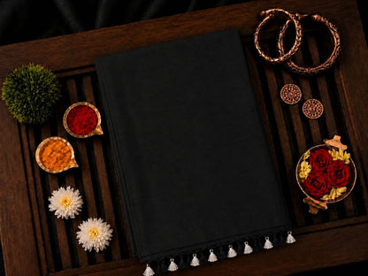 WEVOW Black Plain Khadi Saree with Tassel Border | Elegant Everyday & Office Wear Saree