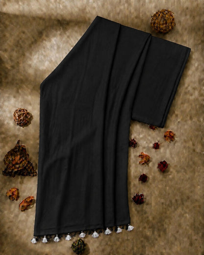 WEVOW Black Plain Khadi Saree with Tassel Border | Elegant Everyday & Office Wear Saree
