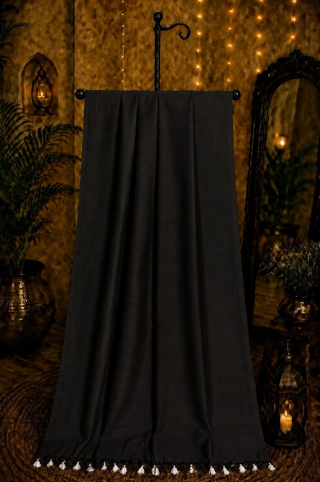 WEVOW Black Plain Khadi Saree with Tassel Border | Elegant Everyday & Office Wear Saree