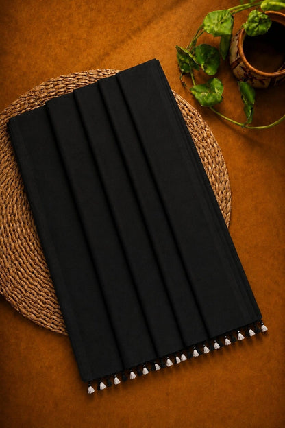 WEVOW Black Plain Khadi Saree with Tassel Border | Elegant Everyday & Office Wear Saree
