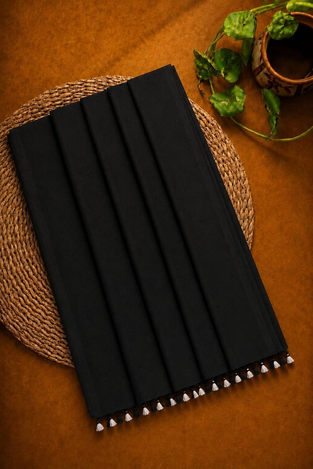 WEVOW Black Plain Khadi Saree with Tassel Border | Elegant Everyday & Office Wear Saree