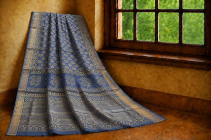 Dusty Blue Maheshwari Silk Saree with Gold Leaf Motifs and Traditional Floral Border