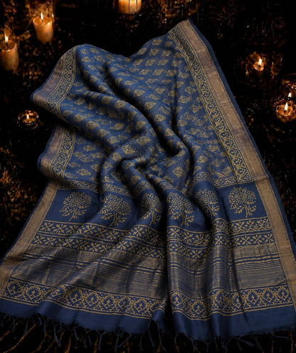 Dusty Blue Maheshwari Silk Saree with Gold Leaf Motifs and Traditional Floral Border