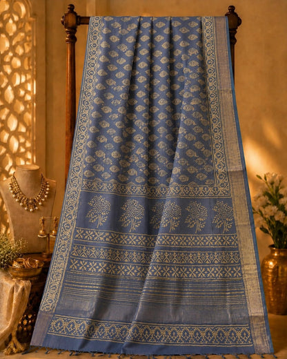Dusty Blue Maheshwari Silk Saree with Gold Leaf Motifs and Traditional Floral Border