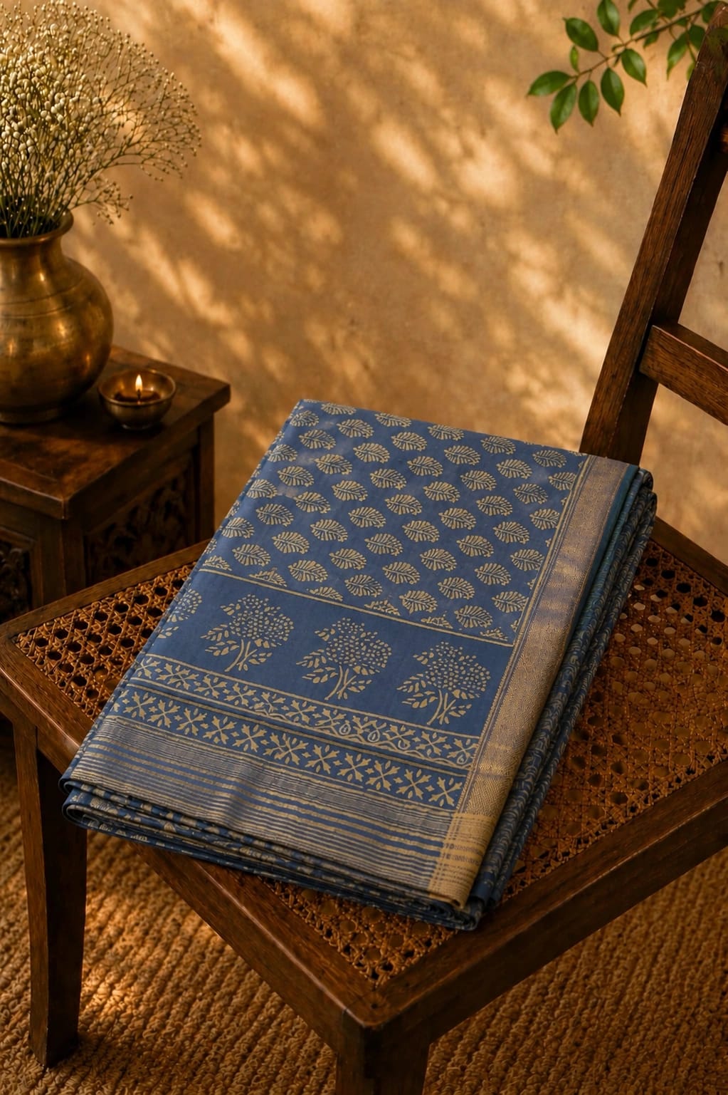 Dusty Blue Maheshwari Silk Saree with Gold Leaf Motifs and Traditional Floral Border
