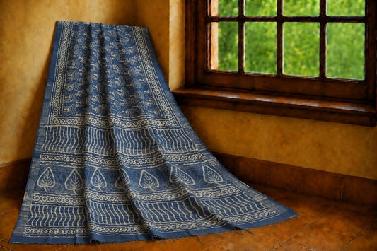 Indigo Blue Linen Printed Saree with Tribal Floral Motifs and Leaf Border Design