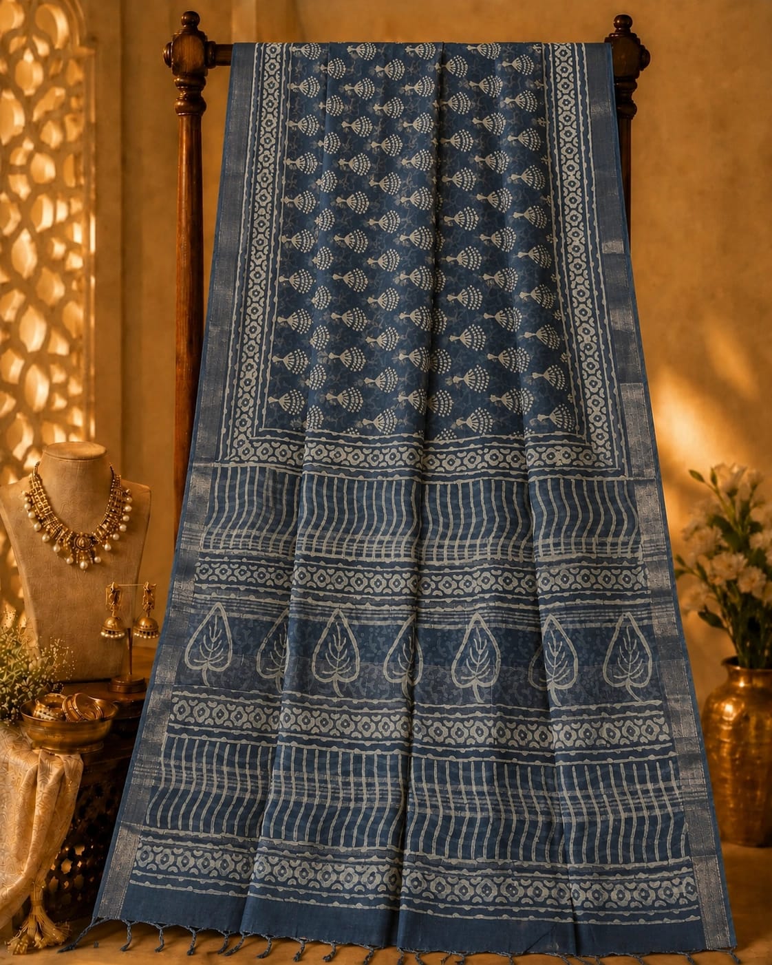 Indigo Blue Linen Printed Saree with Tribal Floral Motifs and Leaf Border Design