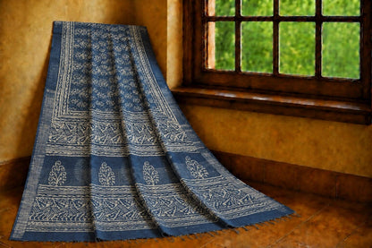 Indigo Blue Linen Printed Saree with Traditional Block Print Border and Ethnic Motif Design