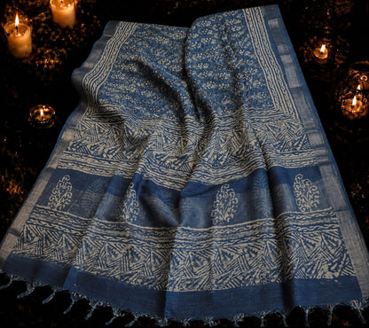 Indigo Blue Linen Printed Saree with Traditional Block Print Border and Ethnic Motif Design