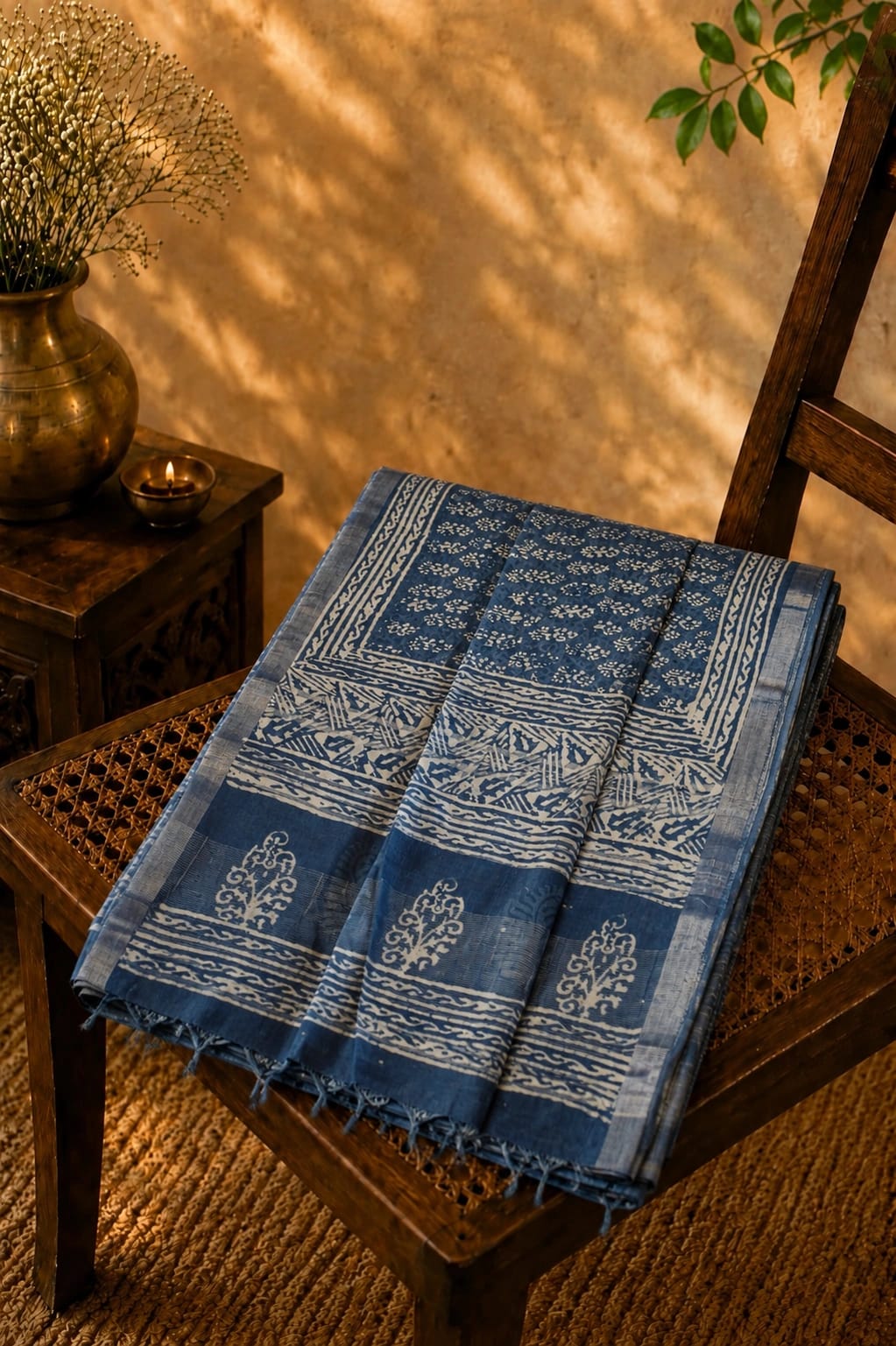 Indigo Blue Linen Printed Saree with Traditional Block Print Border and Ethnic Motif Design