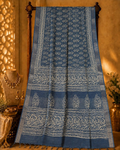 Indigo Blue Linen Printed Saree with Traditional Block Print Border and Ethnic Motif Design