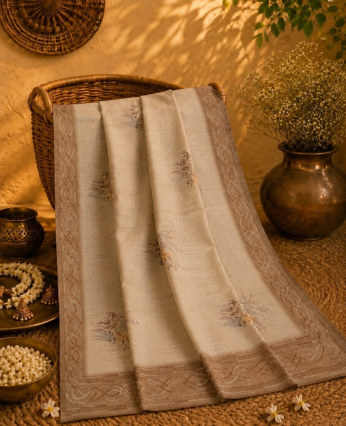 Beige Tussar Silk Hand-Painted Saree with Floral Motifs and Woven Artistic Border