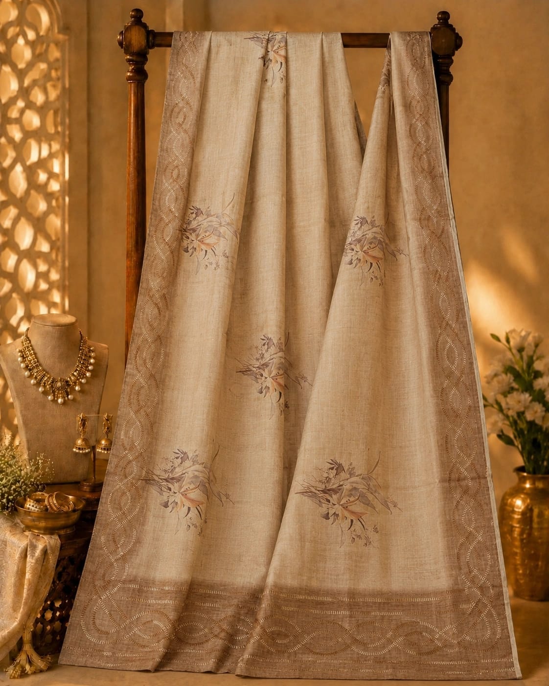 Beige Tussar Silk Hand-Painted Saree with Floral Motifs and Woven Artistic Border