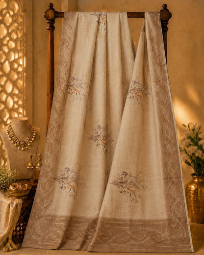Beige Tussar Silk Hand-Painted Saree with Floral Motifs and Woven Artistic Border