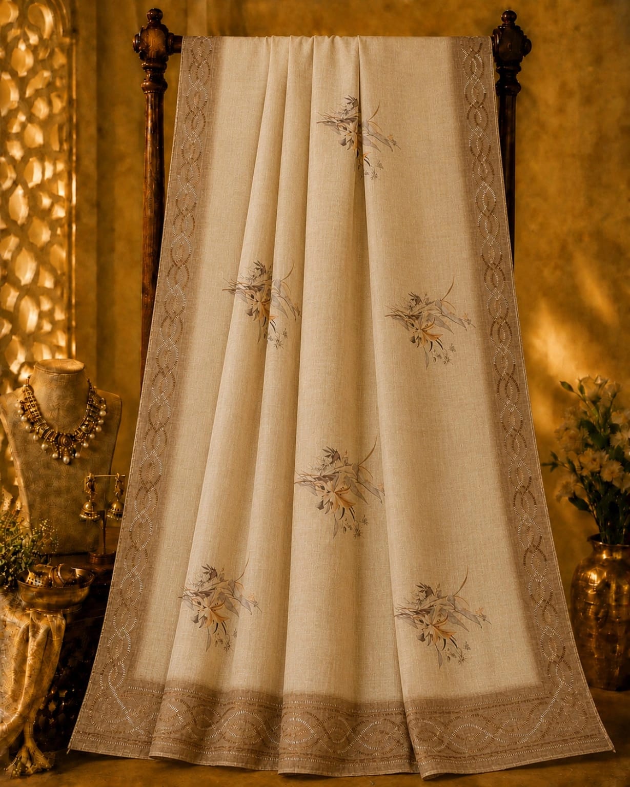 Beige Tussar Silk Hand-Painted Saree with Floral Motifs and Woven Artistic Border