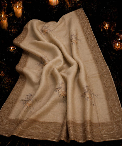 Beige Tussar Silk Hand-Painted Saree with Floral Motifs and Woven Artistic Border