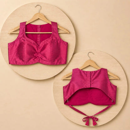 Fuchsia Pink Raw Silk Sweetheart Neck Sleeveless Blouse with Ruched Front