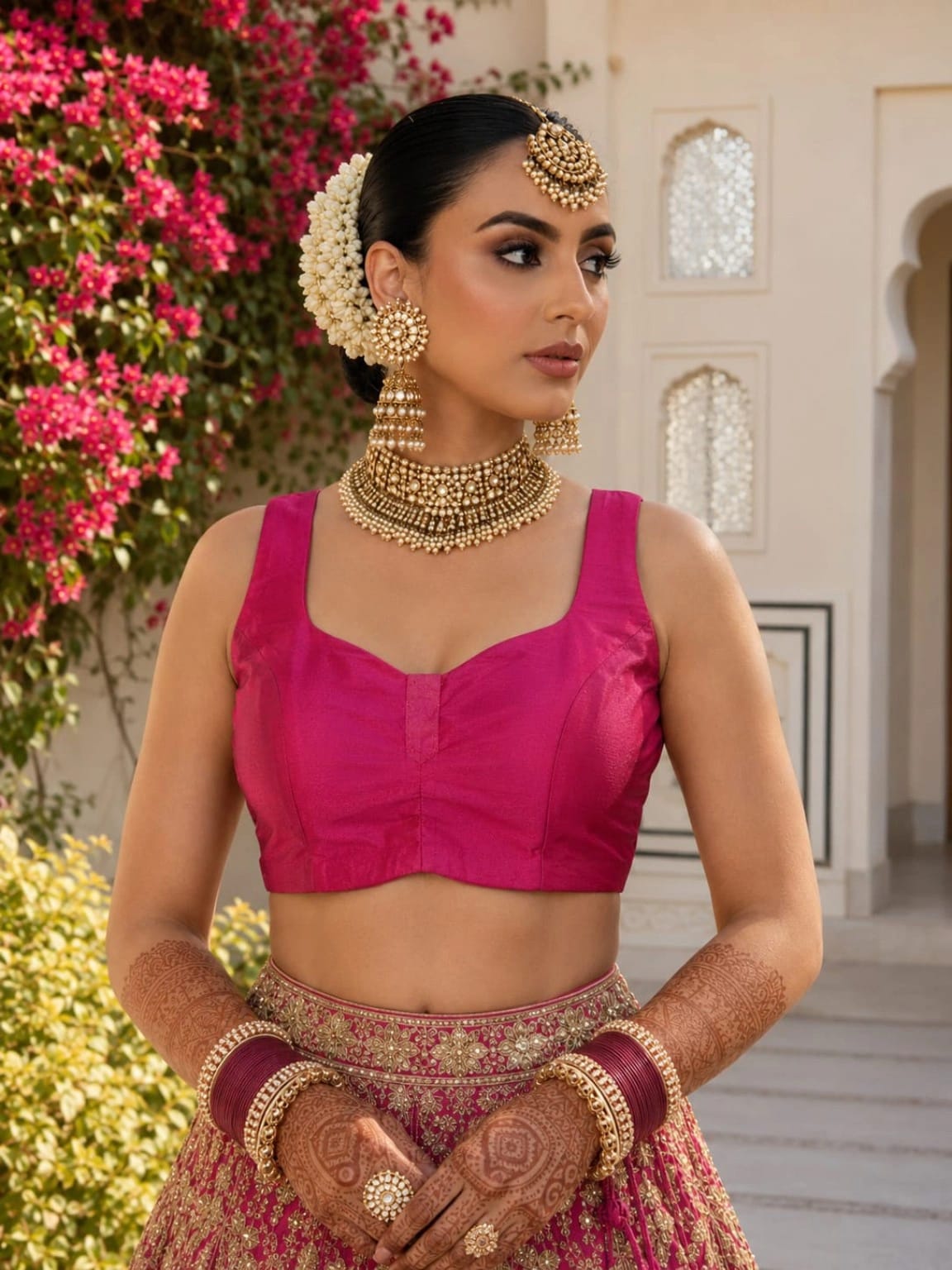 Fuchsia Pink Raw Silk Sweetheart Neck Sleeveless Blouse with Ruched Front