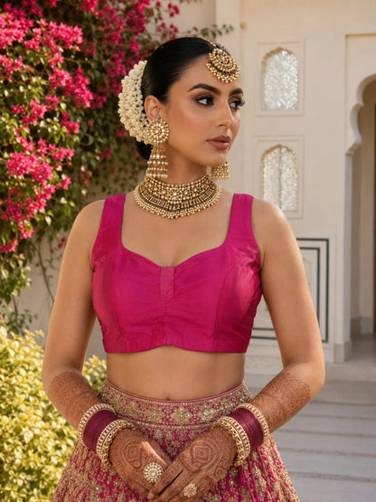 Fuchsia Pink Raw Silk Sweetheart Neck Sleeveless Blouse with Ruched Front