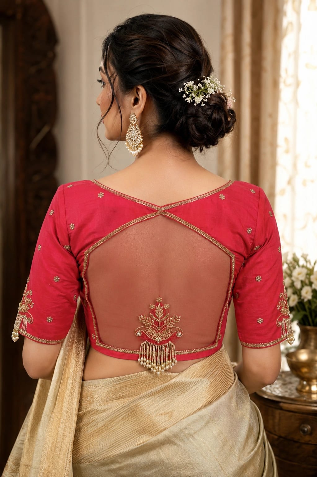 Red Raw Silk Bridal Ari Work Blouse with Gold Floral Buti Embroidery