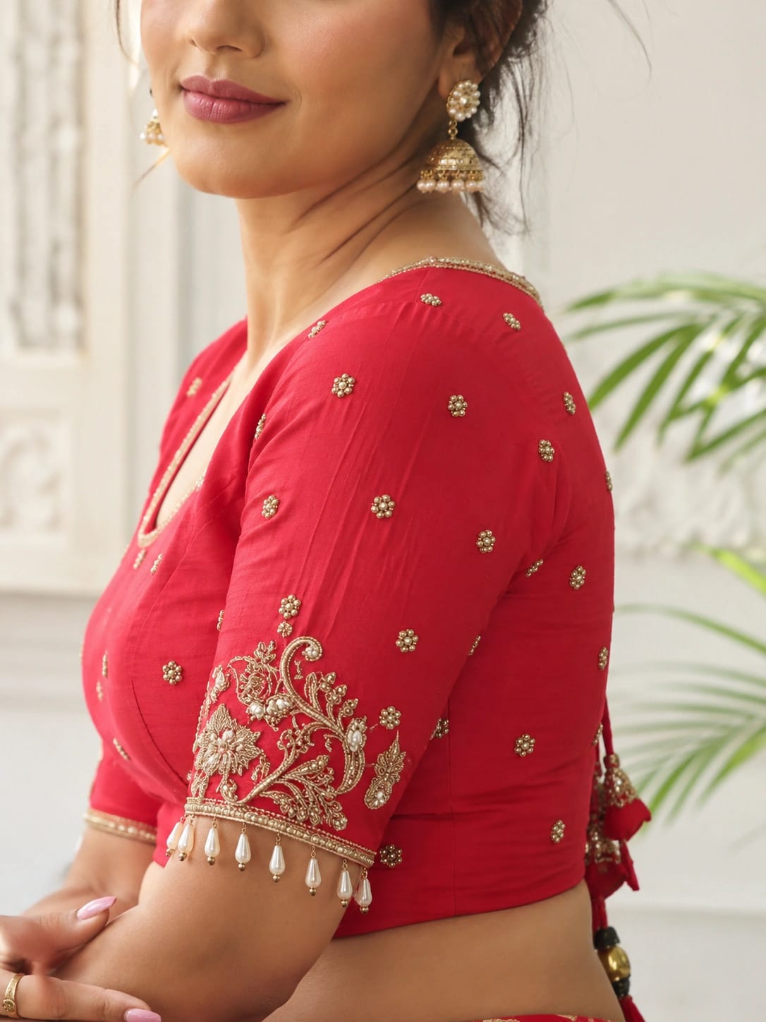 Red Raw Silk Bridal Ari Work Blouse with Gold Floral Buti Embroidery