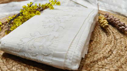 Elegant White-on-White Kota Applique Saree