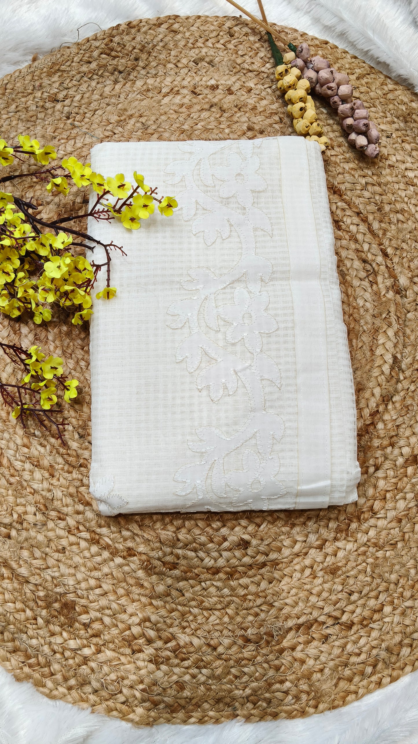 Elegant White-on-White Kota Applique Saree