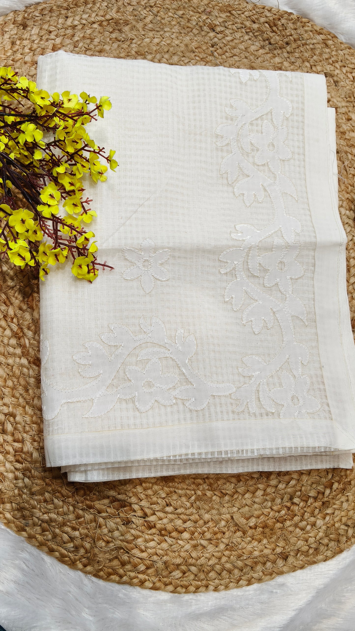 Elegant White-on-White Kota Applique Saree