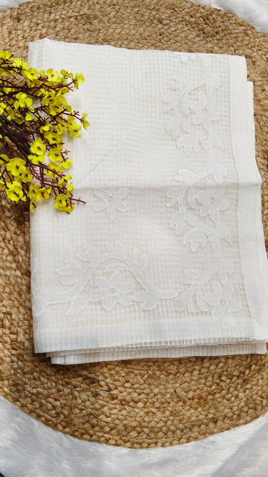 Elegant White-on-White Kota Applique Saree