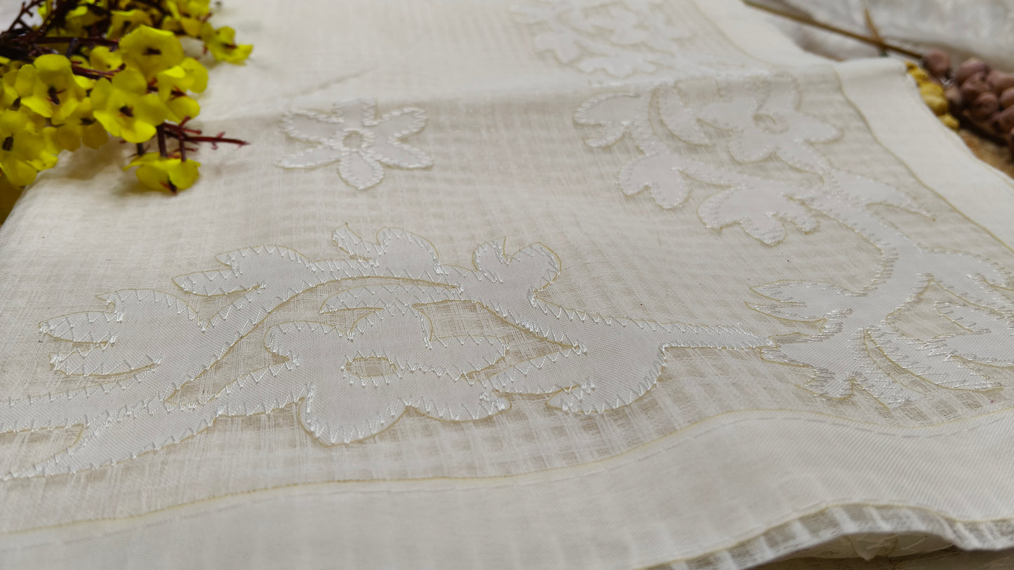 Elegant White-on-White Kota Applique Saree