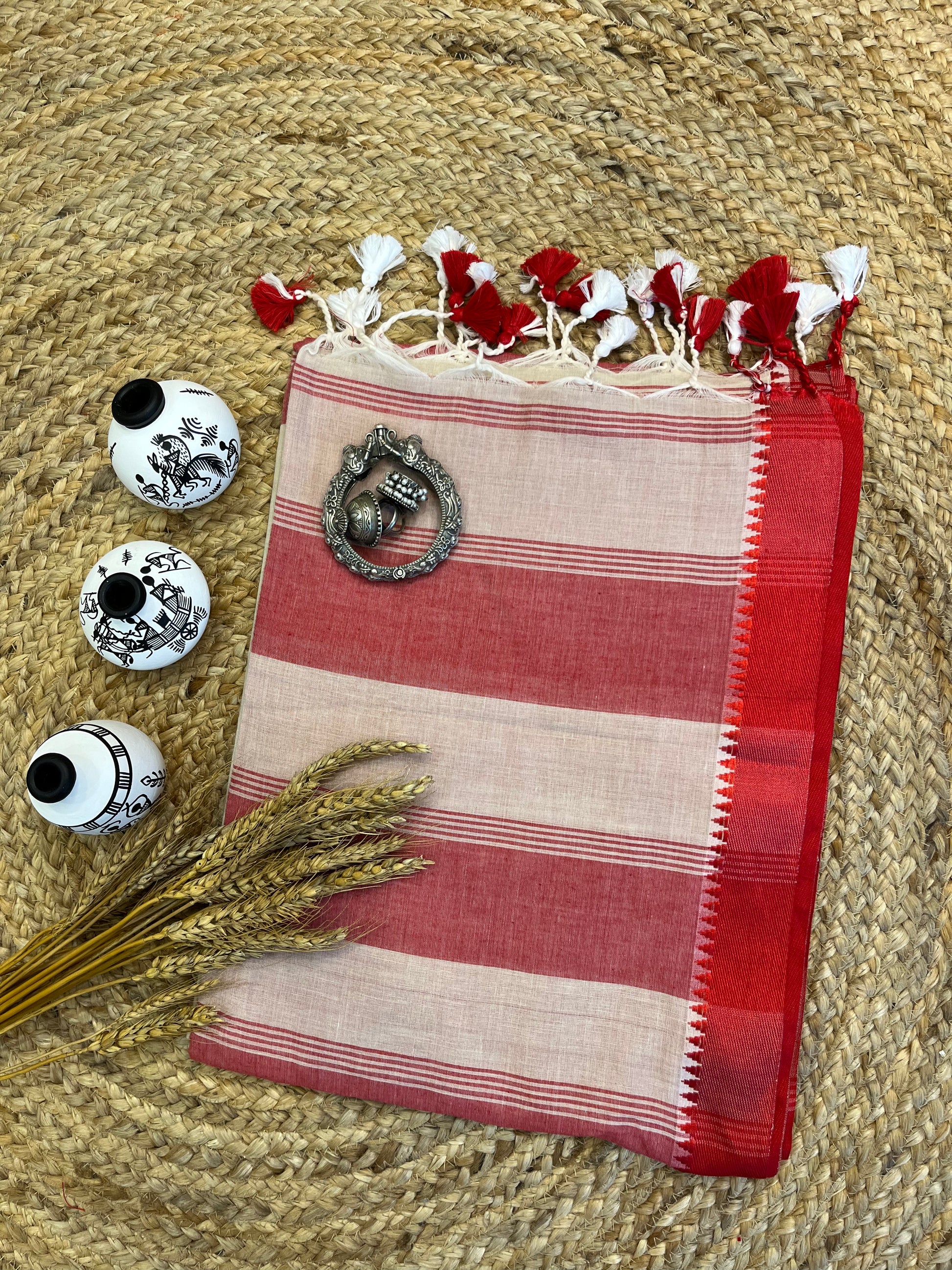 Red and Cream Rhapsody Cotton Saree - WEVOW