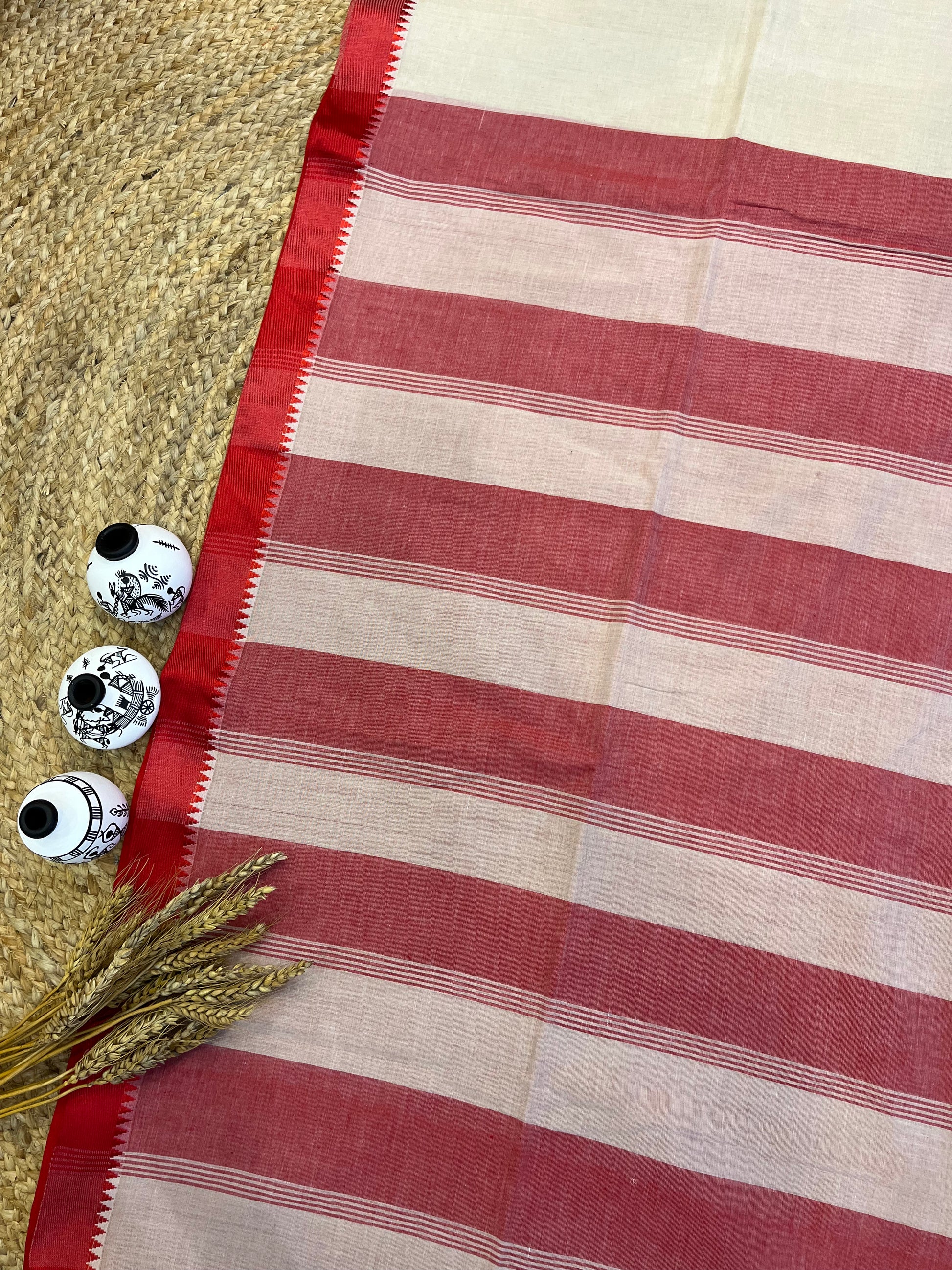 Red and Cream Rhapsody Cotton Saree - WEVOW
